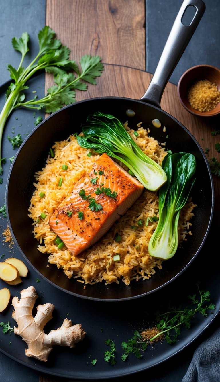 A sizzling skillet holds crispy rice topped with seared salmon and vibrant bok choy, surrounded by scattered ginger and aromatic herbs