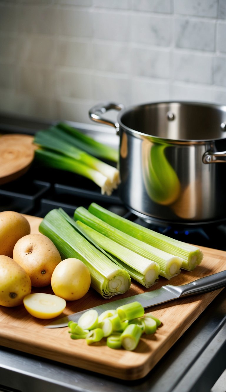 A cutting board with sliced leeks, peeled potatoes, and a knife beside a pot on a stove