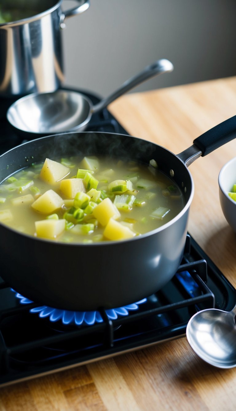 A pot of potato and leek soup simmers on the stove. A ladle rests on the side, ready for serving. A bowl and spoon sit on the table