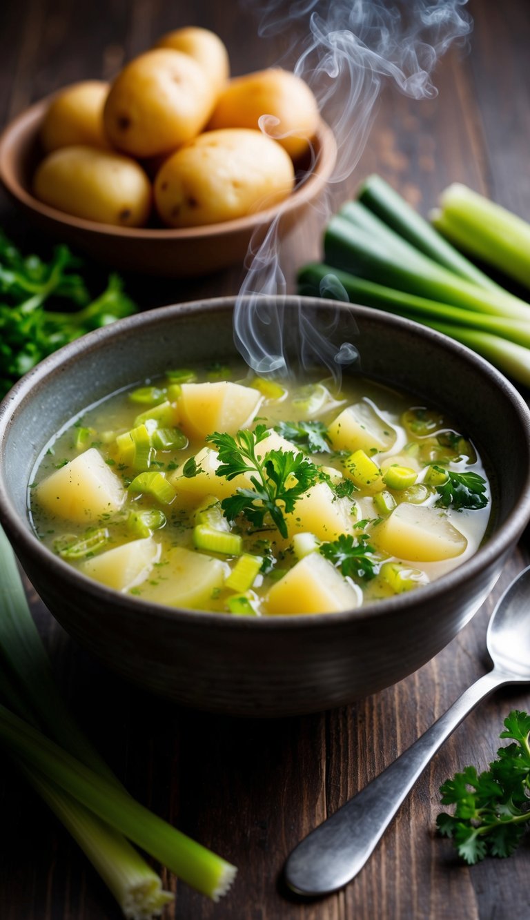 A steaming bowl of potato and leek soup with a spoon resting on the side, surrounded by fresh ingredients and a rustic bowl