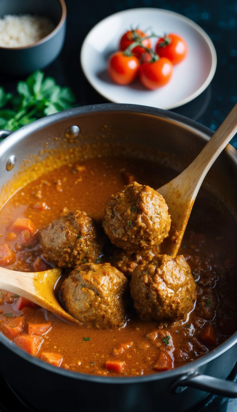 A pot simmering with fragrant spices and tomatoes, while lamb meatballs are being carefully stirred into a rich curry sauce