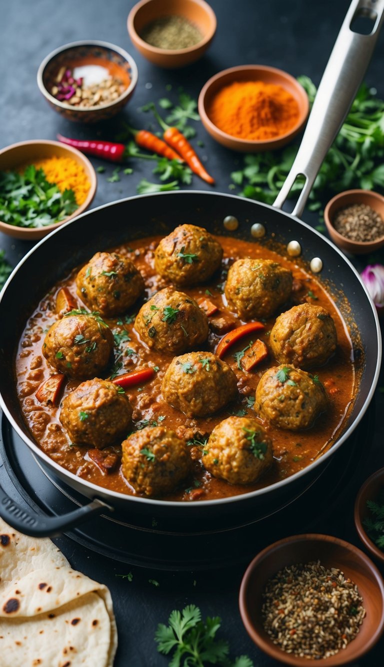 A sizzling hot pan filled with aromatic lamb meatballs simmering in a rich and spicy curry sauce, surrounded by vibrant Indian spices and herbs