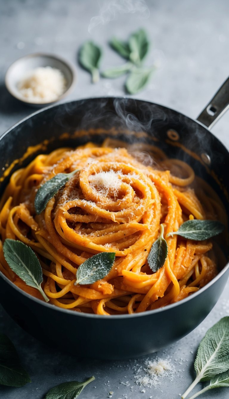 A steaming pot of pasta with creamy pumpkin sauce, scattered sage leaves, and a sprinkle of freshly grated parmesan cheese