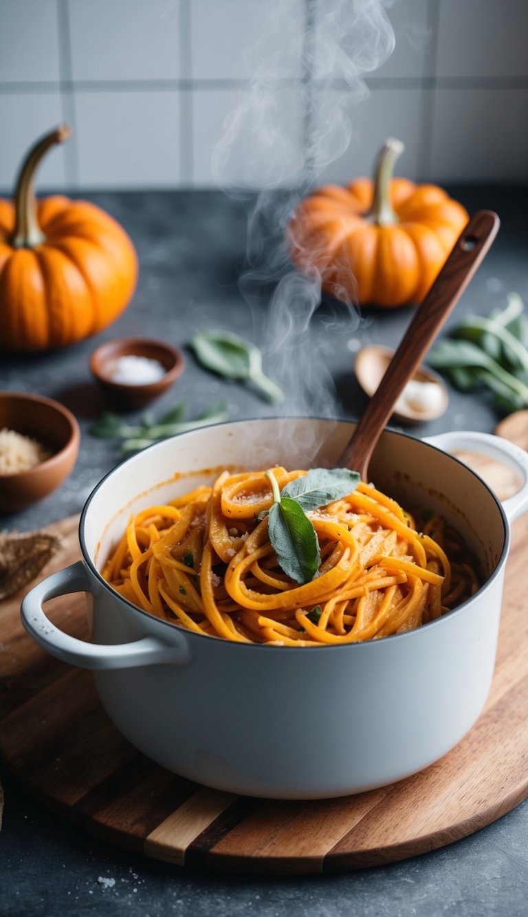 A steaming pot of pumpkin sage pasta with a wooden spoon. Ingredients scattered around the kitchen counter