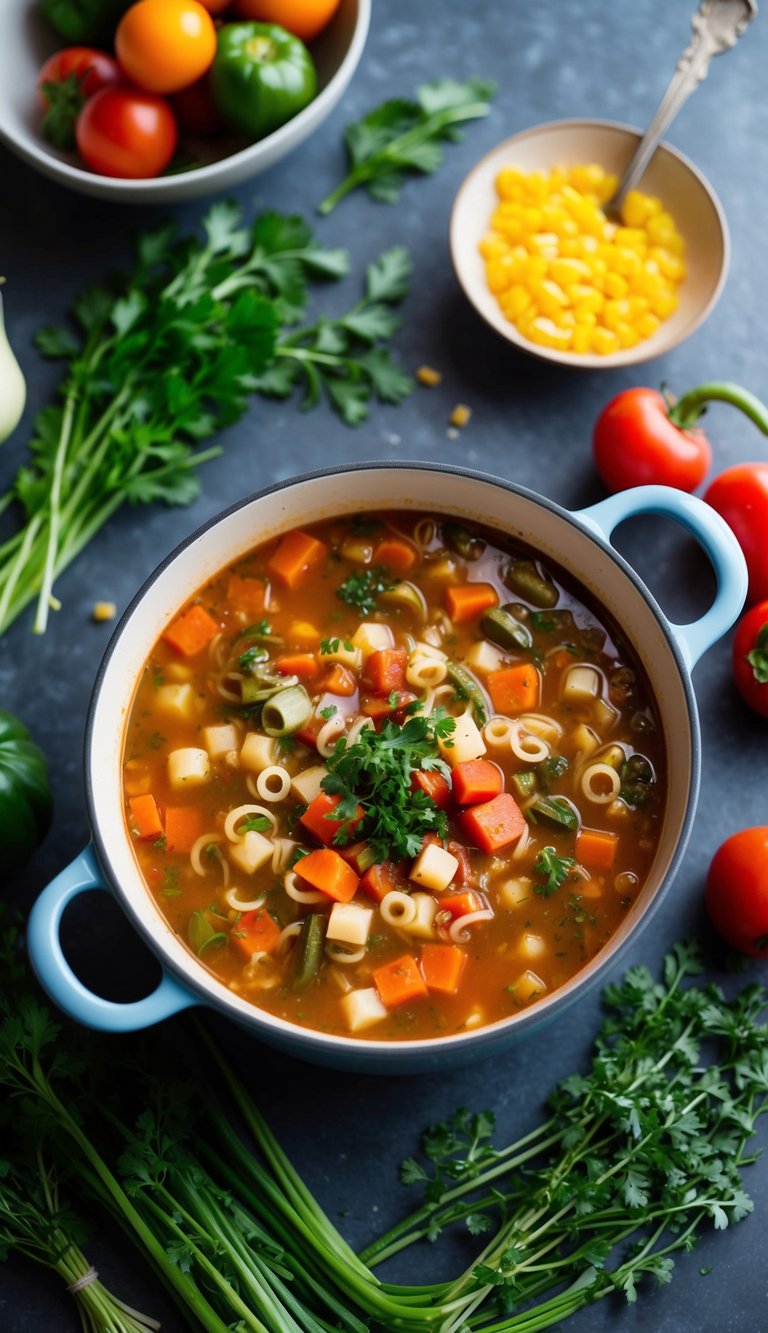 A bubbling pot of minestrone soup surrounded by fresh vegetables and herbs