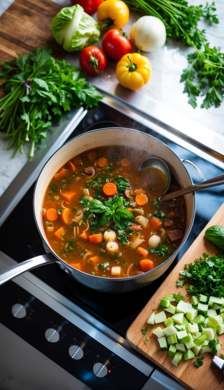 A pot of minestrone soup simmers on a stovetop, surrounded by fresh vegetables, herbs, and a ladle. A wooden cutting board with chopped ingredients sits nearby