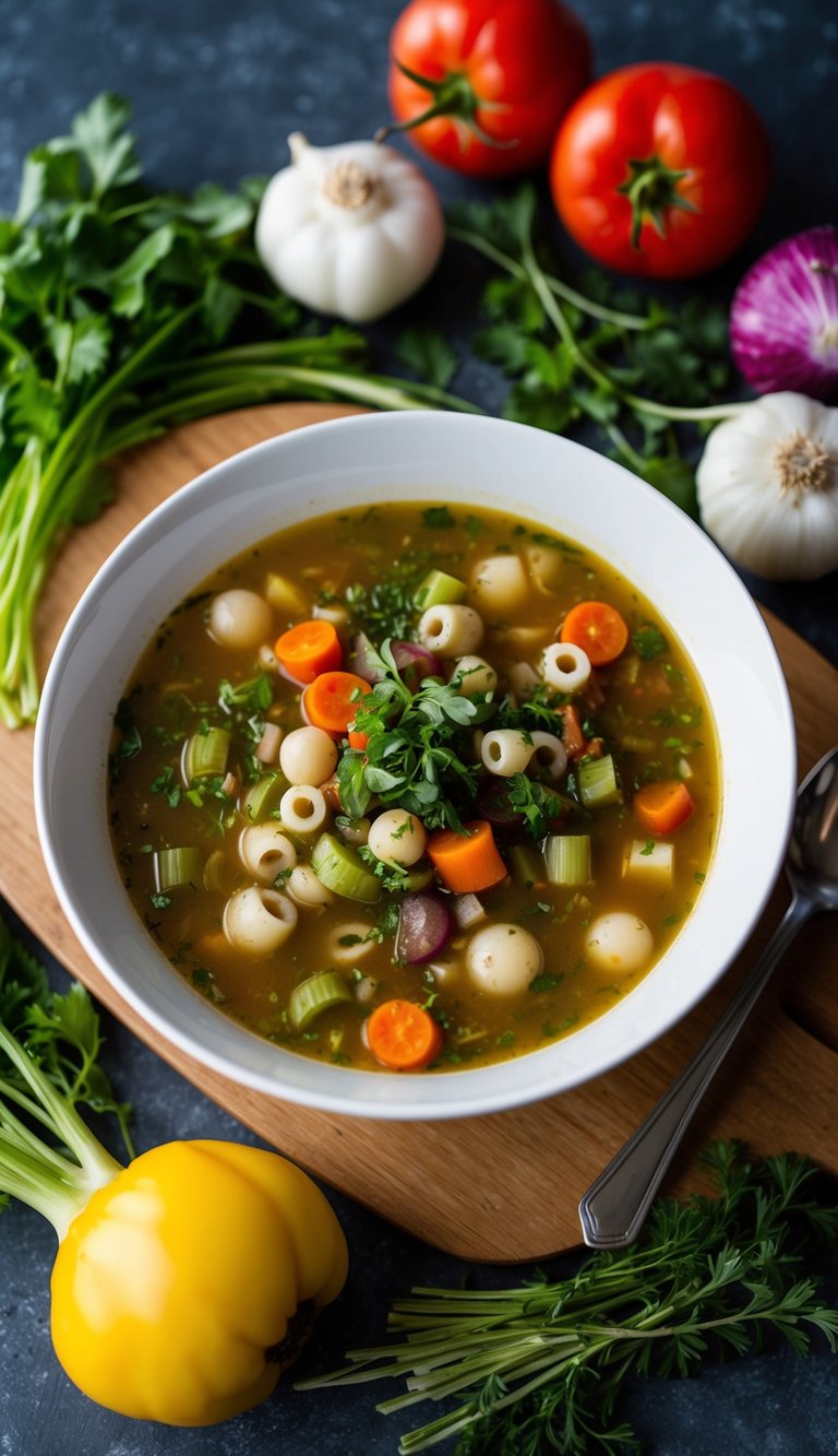 A steaming bowl of minestrone soup surrounded by a variety of fresh vegetables and herbs, with a spoon resting on the side