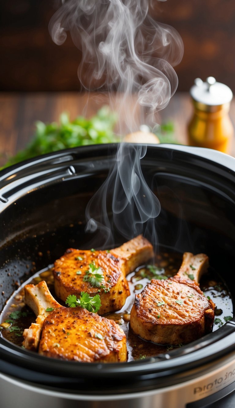 A slow-cooker filled with sizzling chipotle pork chops, surrounded by aromatic herbs and spices, with steam rising from the tender meat