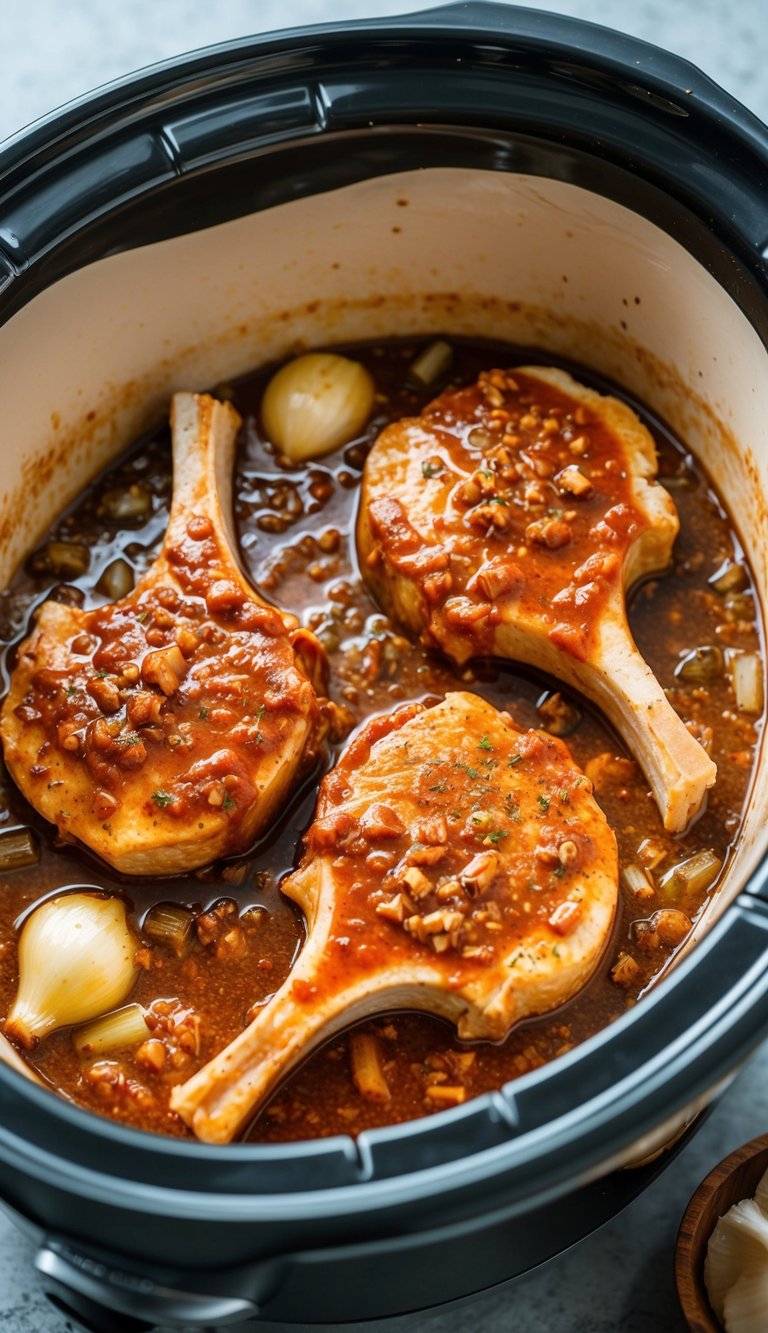 Pork chops marinating in chipotle sauce, surrounded by garlic, onions, and spices in a slow cooker