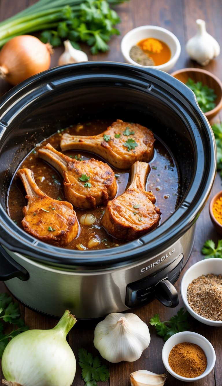 A slow-cooker filled with chipotle pork chops surrounded by various ingredients like onions, garlic, and spices