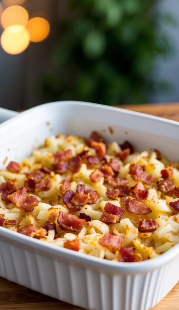 Sprinkle the crumbled bacon over the hashbrowns in white rectangular baking dish