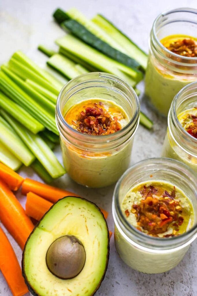 Avocado hummus snack jars with veggies