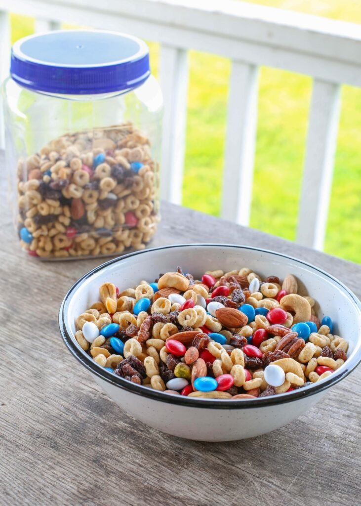 GORP snack mix with cereal, raisins, nuts and candy