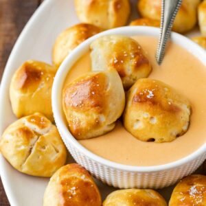 Soft pretzel bites with cheddar cheese dipping sauce