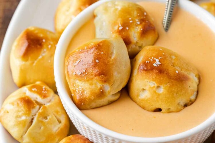 Soft pretzel bites with cheddar cheese dipping sauce