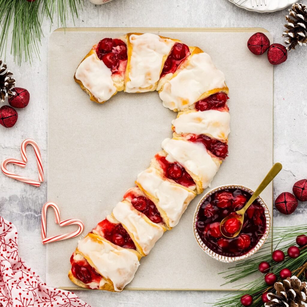 Candy cane danish made with crescent rolls and cherry pie filling