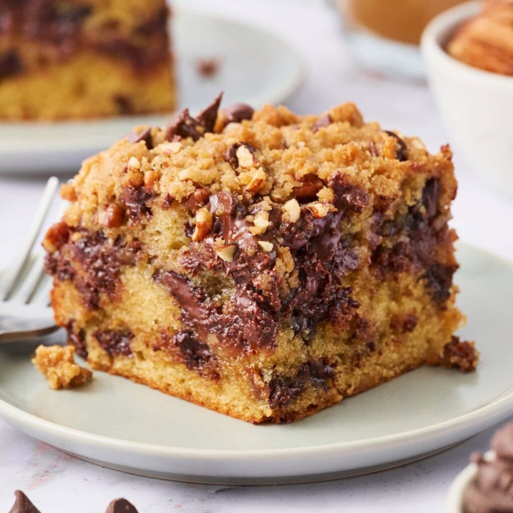 Chocolate chip coffee cake with brown sugar streusel