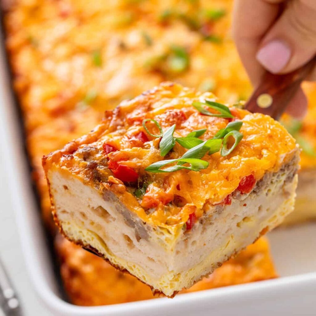 Christmas breakfast casserole with sausage, cheese and biscuits