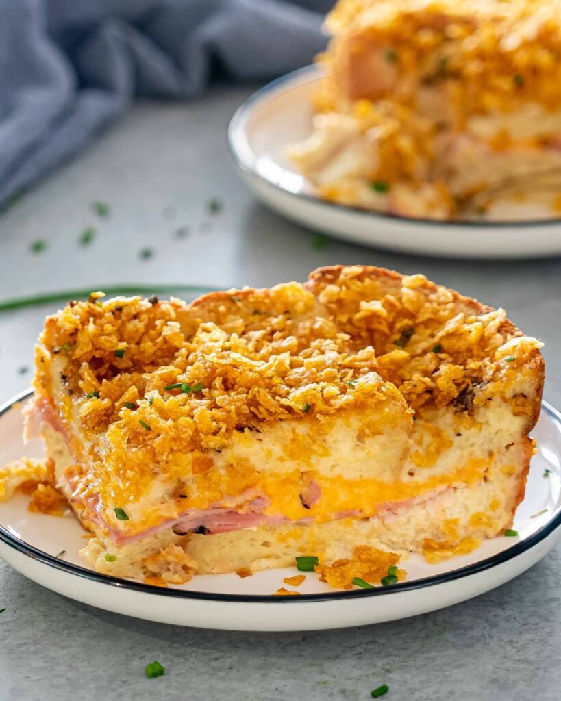 Ham and cheese breakfast casserole topped with corn flakes