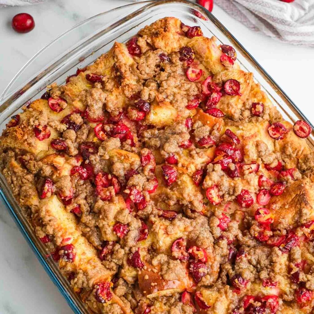 Cranberry orange French toast casserole with streusel
