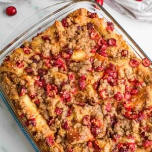 Cranberry orange French toast casserole with streusel