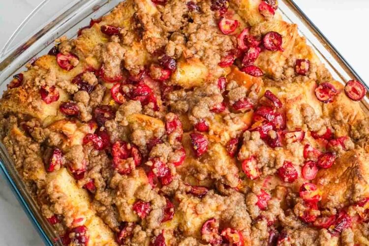 Cranberry orange French toast casserole with streusel