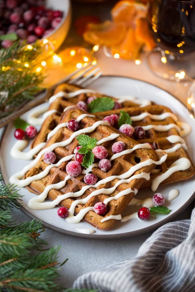 Gingerbread waffles with cream cheese glaze