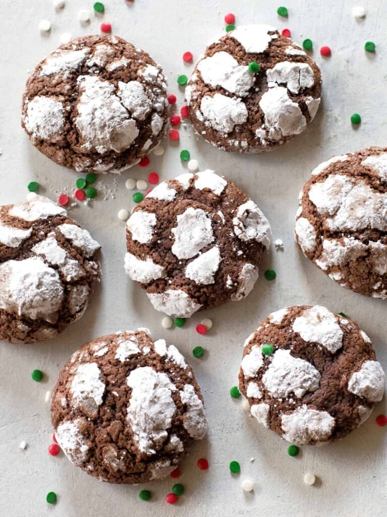 Chocolate crinkle cookies dusted with powdered sugar