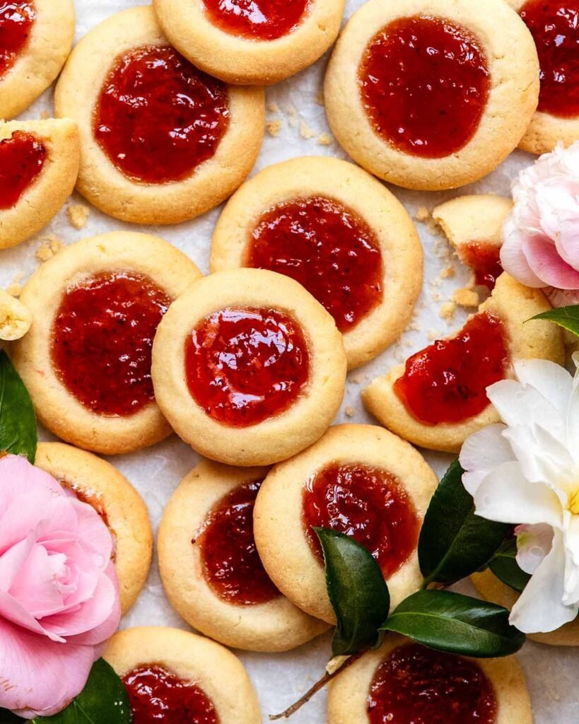 Jam drop thumbprint cookies filled with red jam