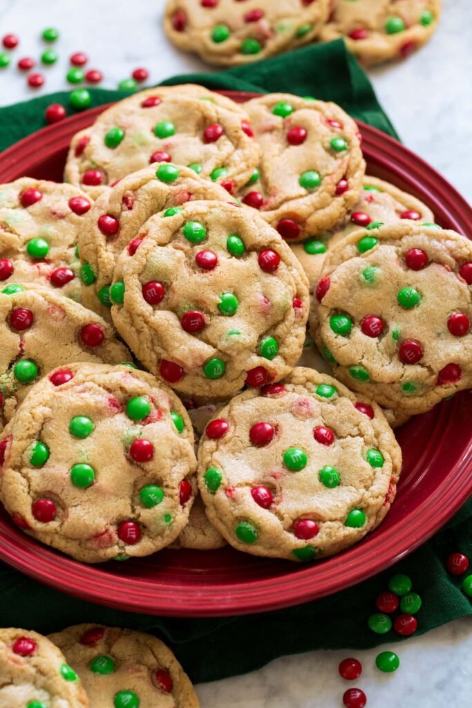 Christmas M&M cookies with red and green candies
