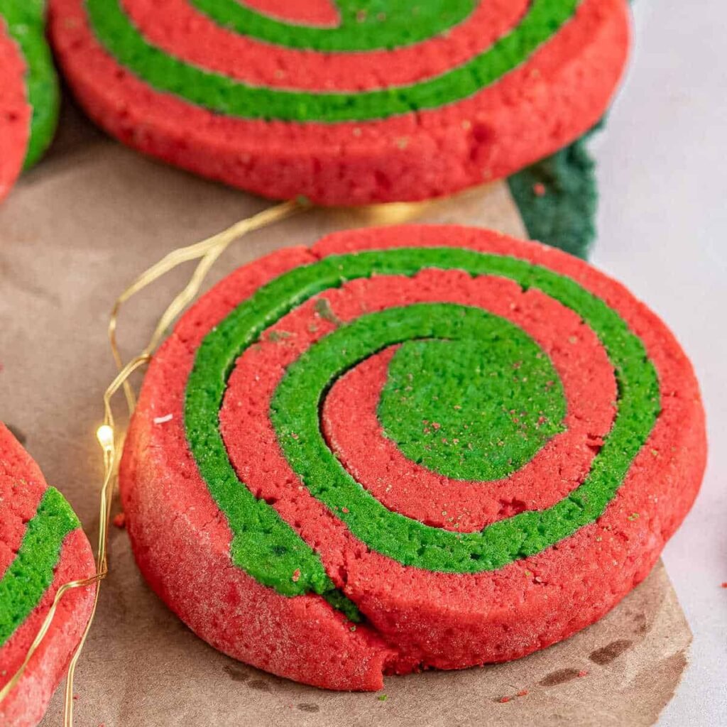 Red and green Christmas pinwheel cookies