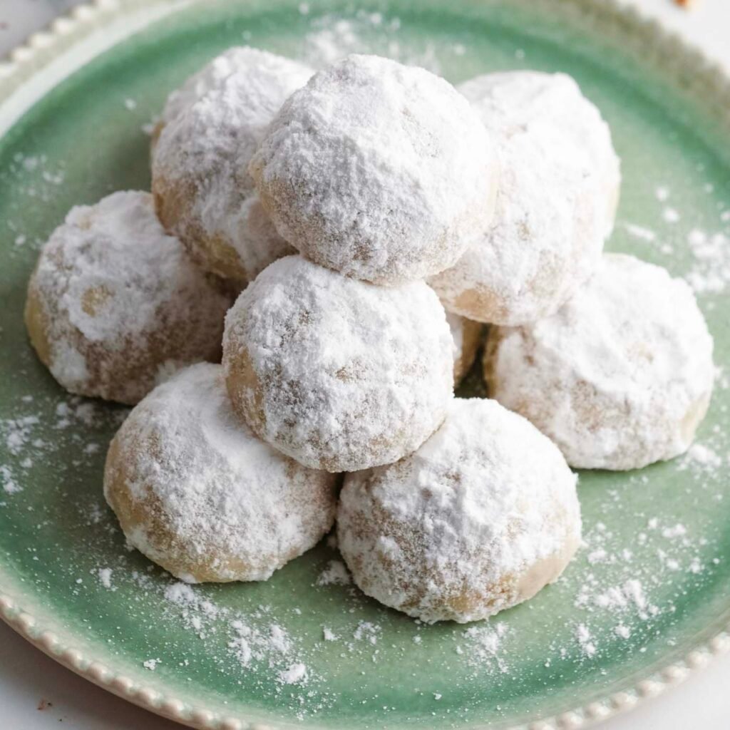 Snowball cookies coated in powdered sugar