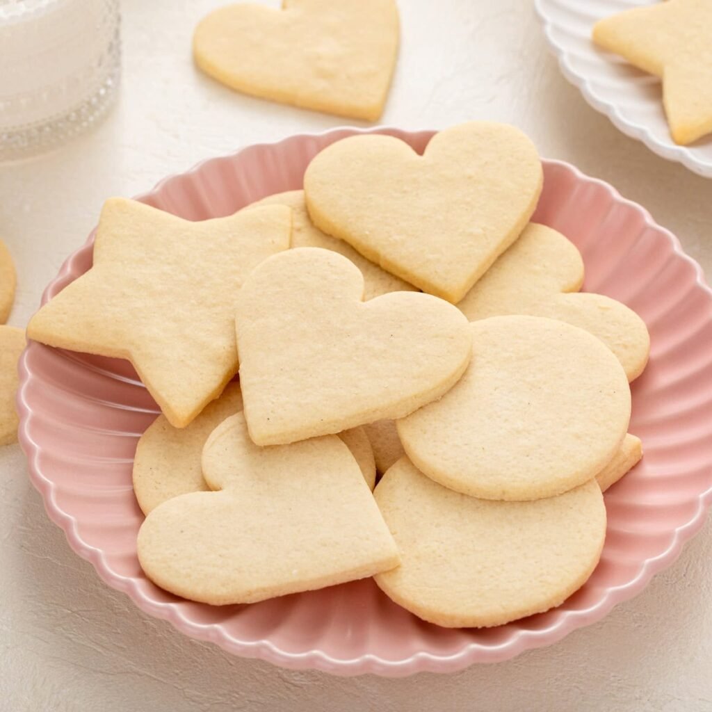 Decorated no spread sugar cookies on a plate