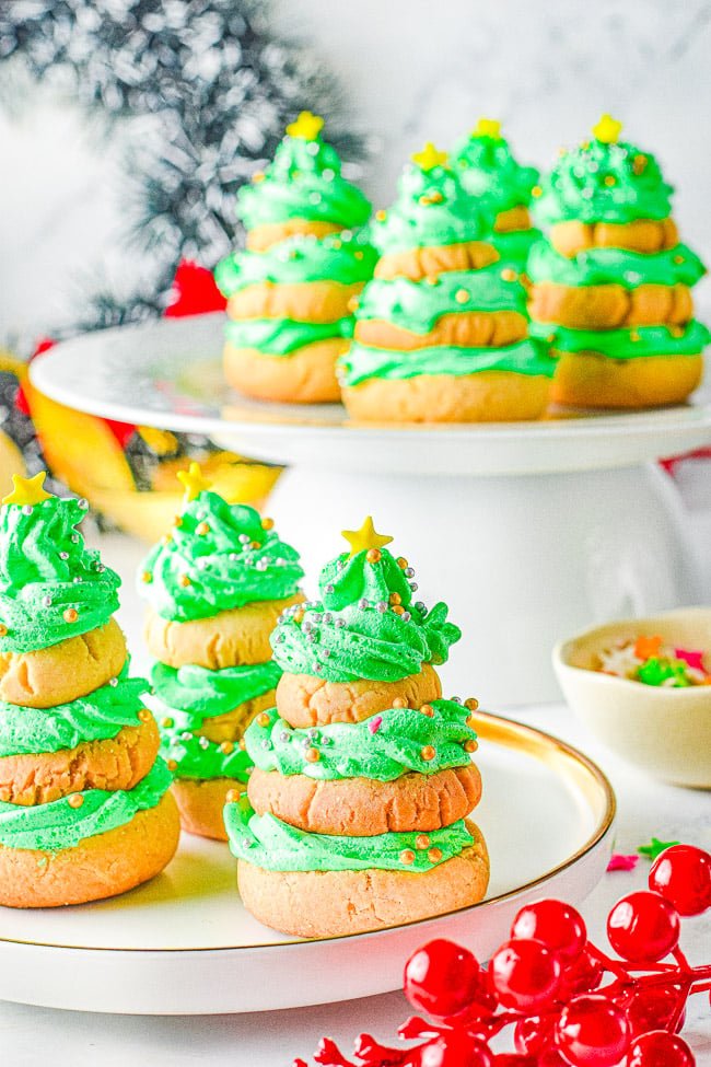 Stacked Christmas tree cookies with green icing