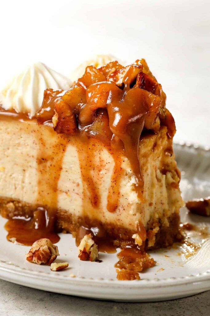 Caramel apple cheesecake topped with spiced apples