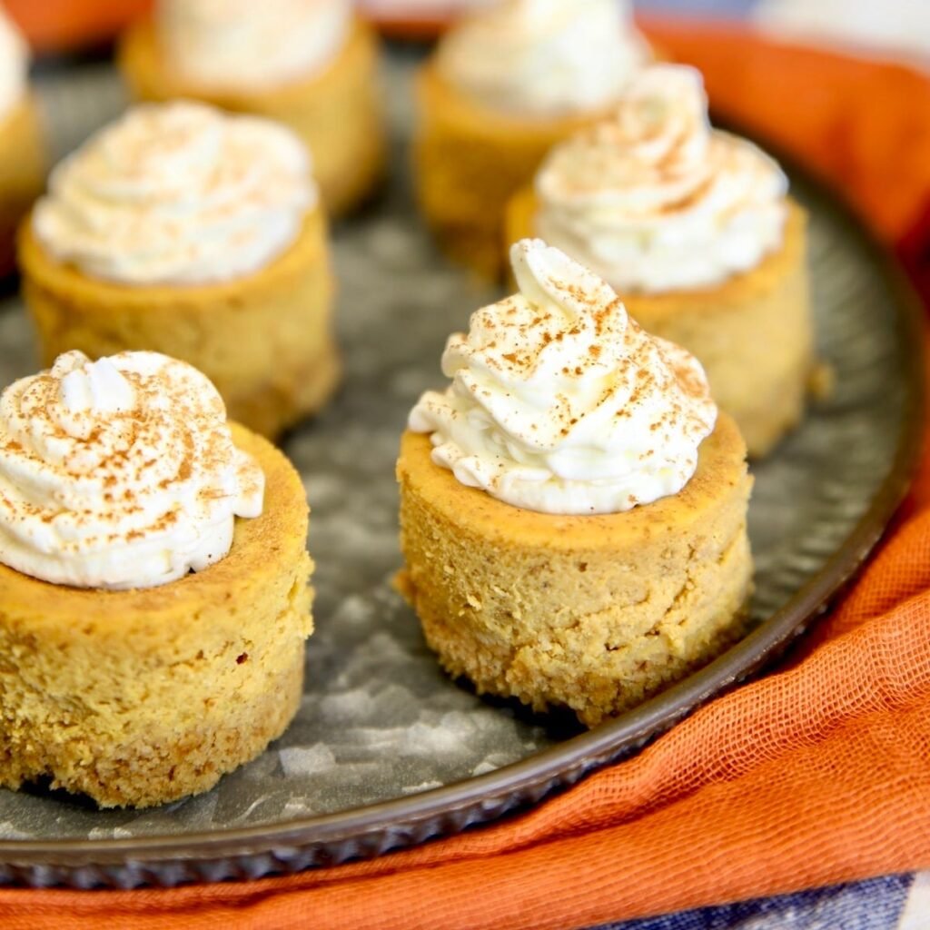 Mini pumpkin cheesecakes topped with whipped cream