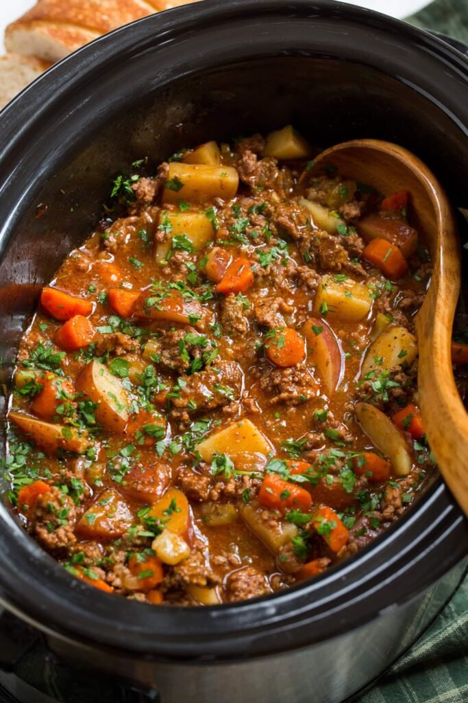 Slow cooker ground beef stew with potatoes and carrots