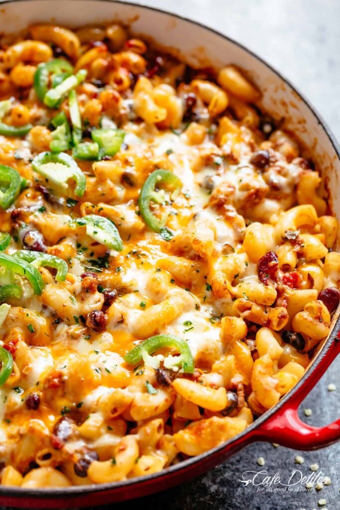 Ground beef chili mac and cheese in a pot