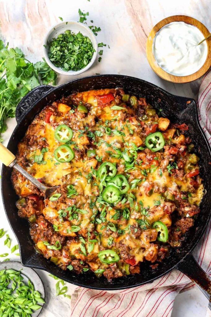 Chipotle BBQ ground beef and potato skillet with cheddar