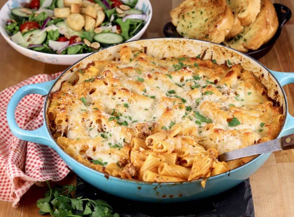 Baked beef rigatoni with melted mozzarella