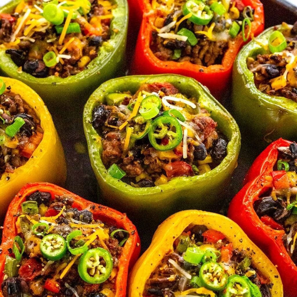 Stuffed bell peppers with ground beef, black beans and cheese