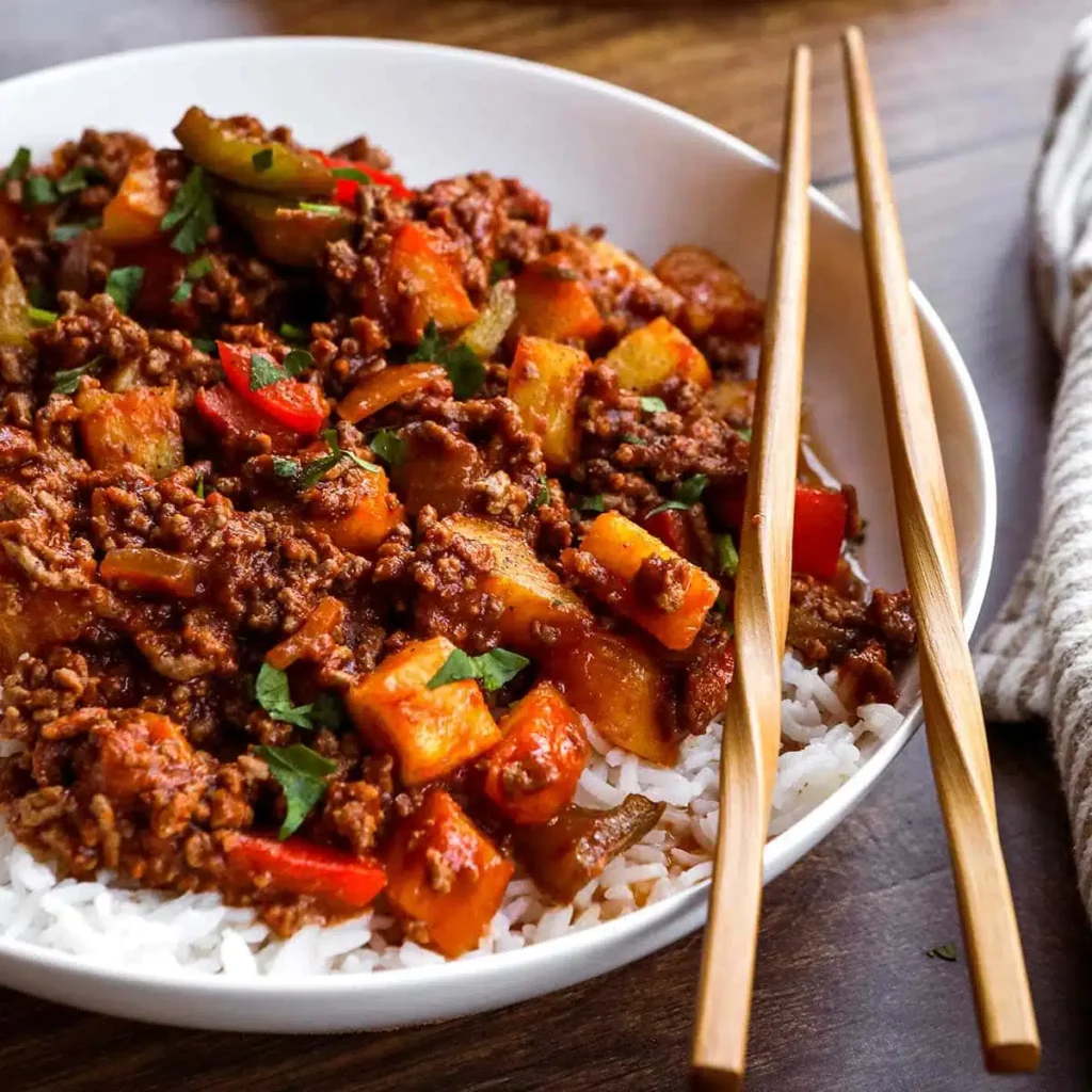 Sweet and sour ground beef with peppers and pineapple over rice