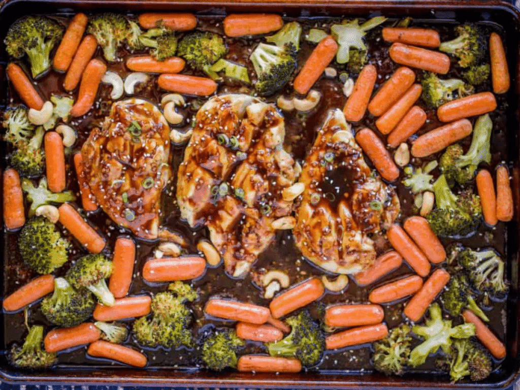Sheet pan cashew chicken with broccoli and carrots