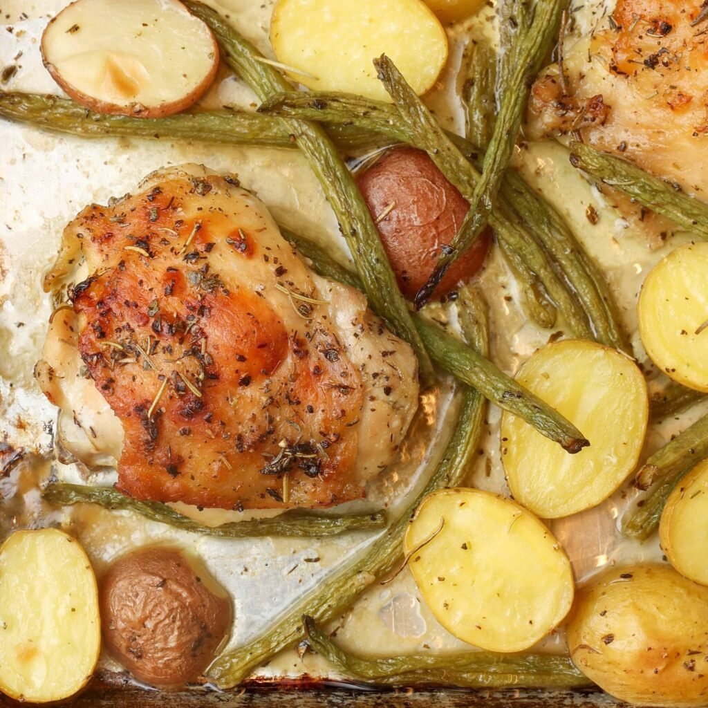 Sheet pan chicken thighs with potatoes and green beans