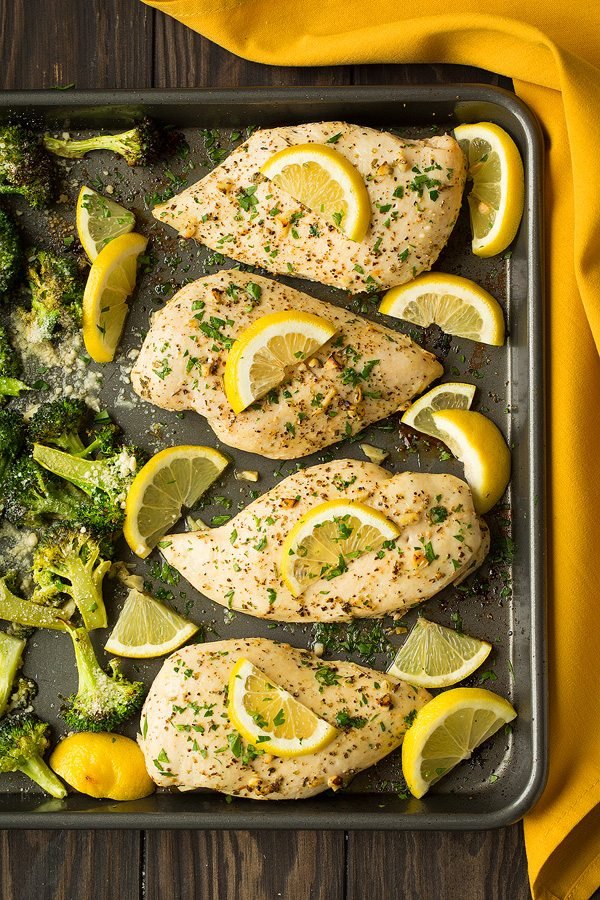 Sheet pan lemon chicken with parmesan roasted broccoli