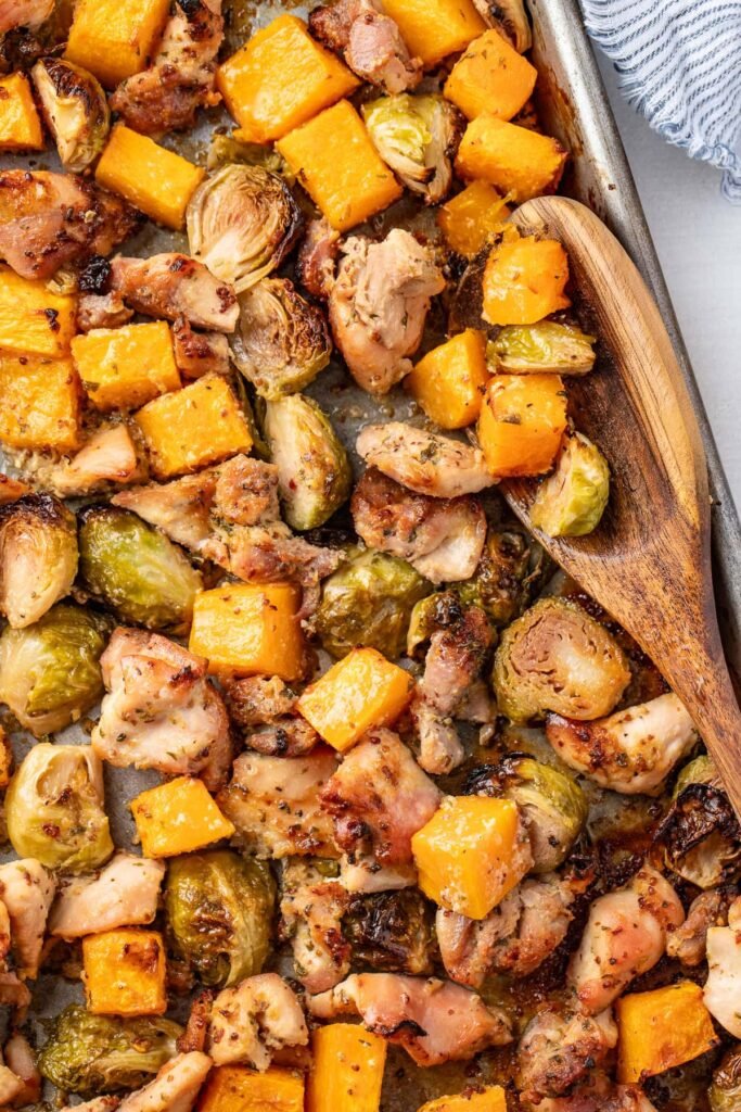 Maple Dijon sheet pan chicken with Brussels sprouts and butternut squash