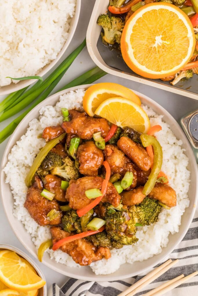 Sheet pan orange chicken with broccoli and peppers