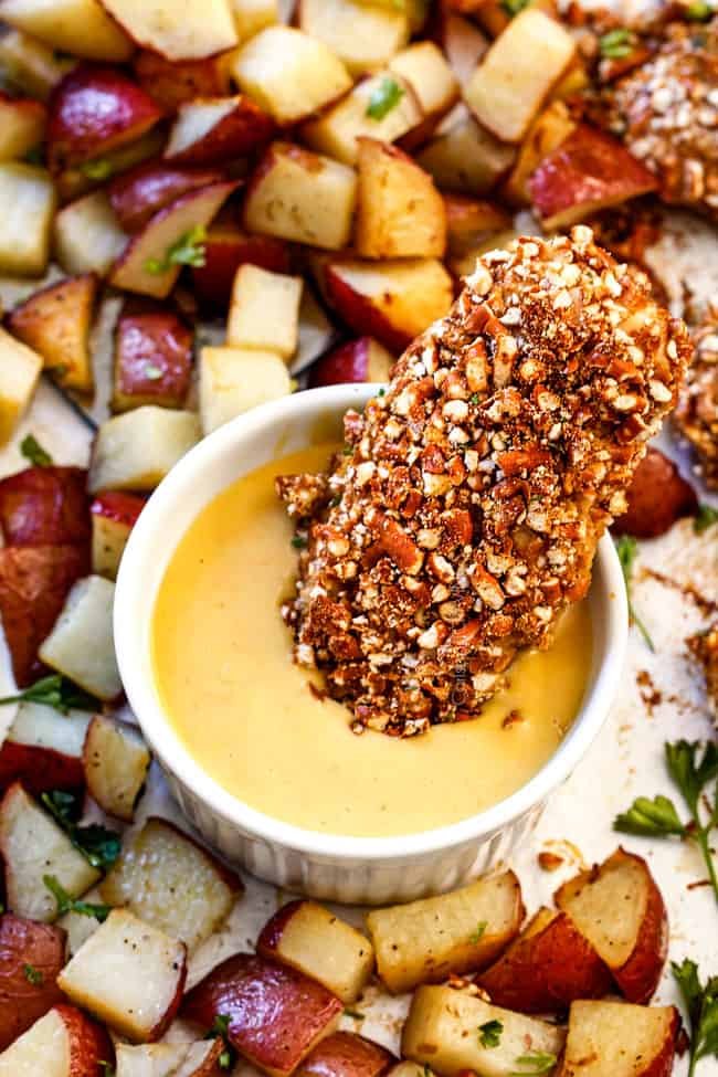 Sheet pan honey mustard pretzel chicken with roasted potatoes