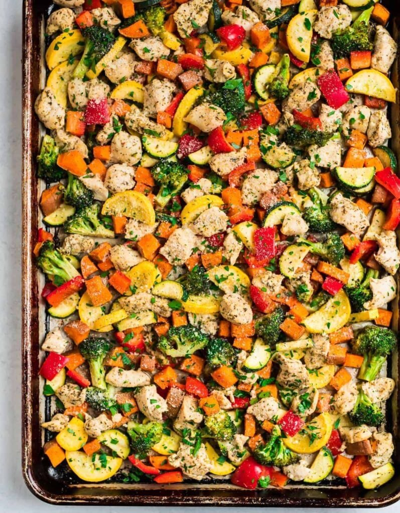 Sheet pan chicken with rainbow vegetables