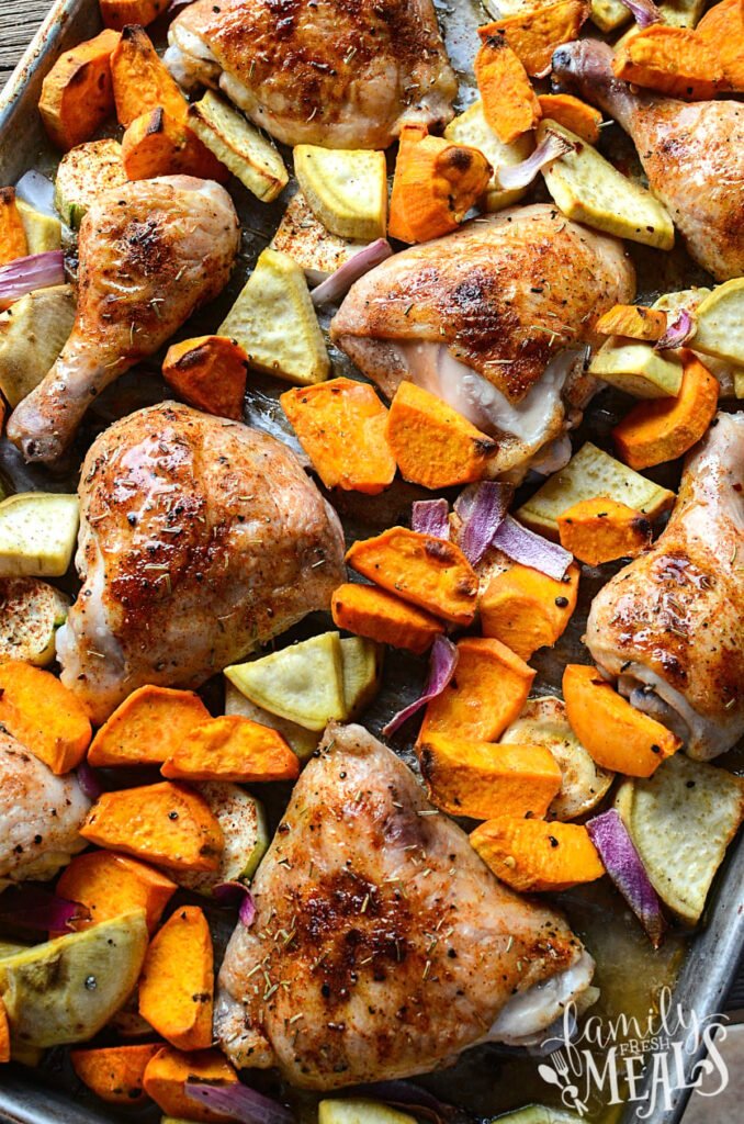 Roasted chicken sheet pan dinner with sweet potatoes